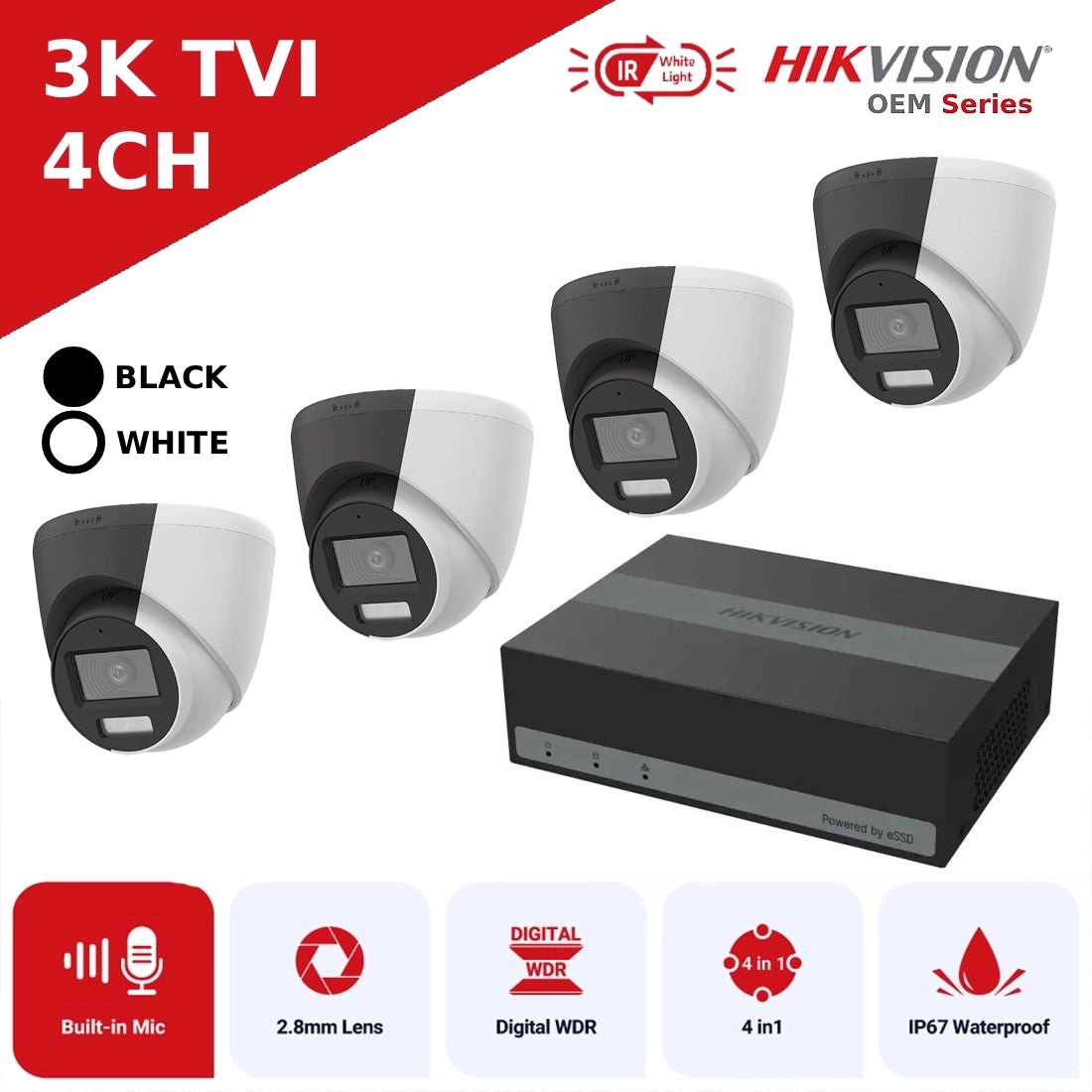 Hikvision security camera system with multiple cameras and a DVR on a white background