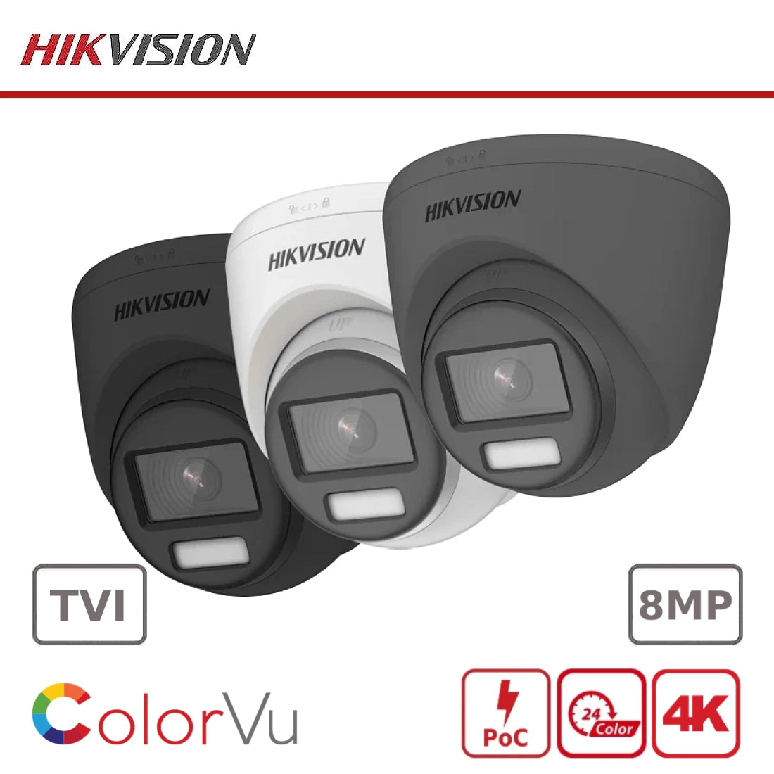 Hikvision 8MP 4K DS-2CE72UF3T-E ColorVu POC Fixed Turret Camera 40M Light - TVI - White / Black / Grey