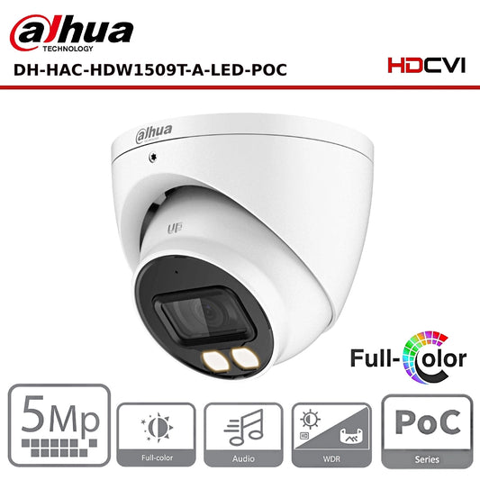 5MP Dahua DH-HAC-HDW1509TP-A-LED-POC 5MP Full-Colour HDCVI Eyeball POC + AOC Camera - CCTV Express UK