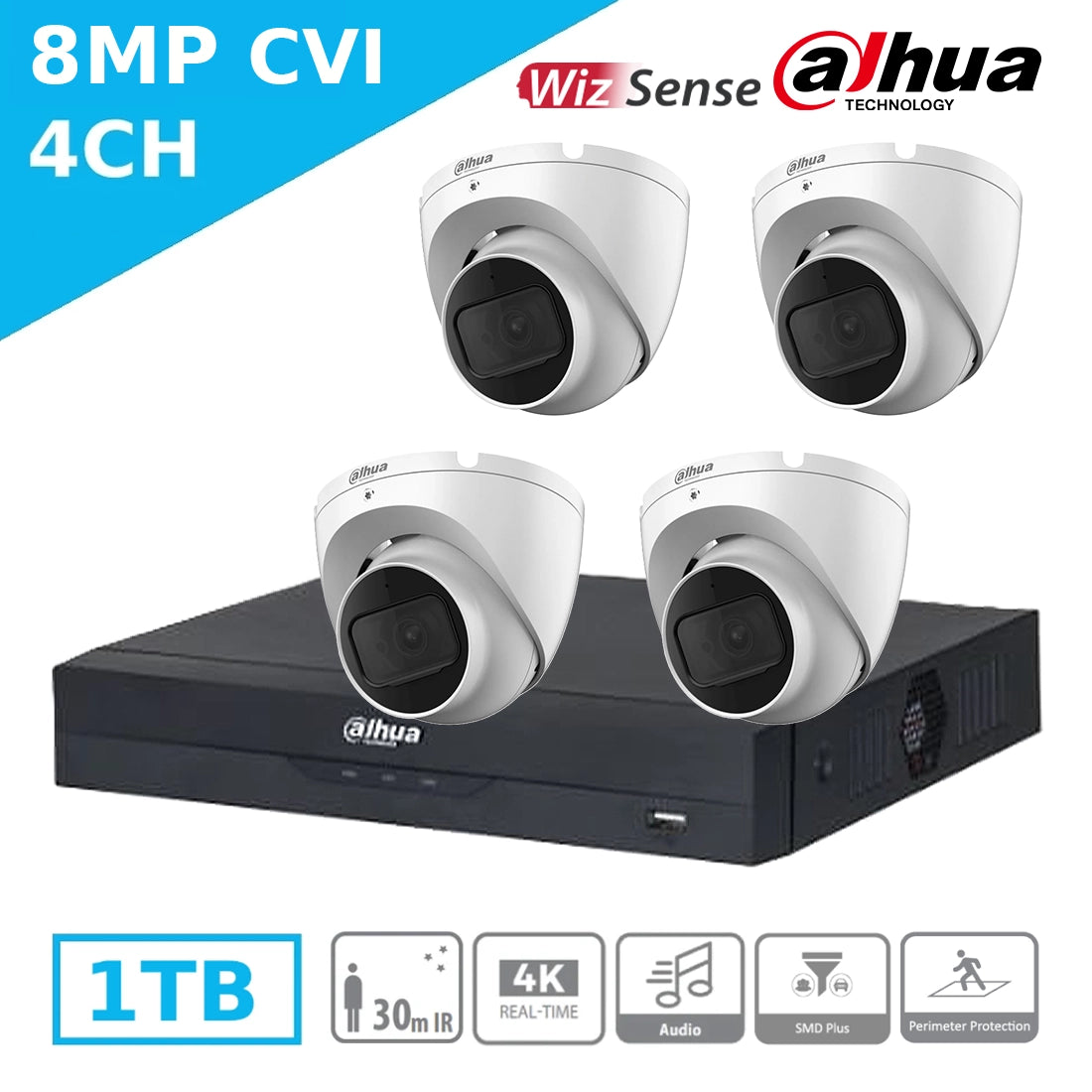 Budget Dahua 4K 4 Channel CVI Kit – 4 x HAC-HDW1800TLP-A 8MP Turret Ca ...