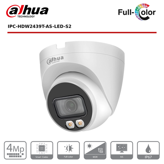 4MP Dahua DH-IPC-HDW2439TP-AS-LED-S2 4MP Lite Full-Colour Fixed-focal Turret Network Camera - CCTV Express UK
