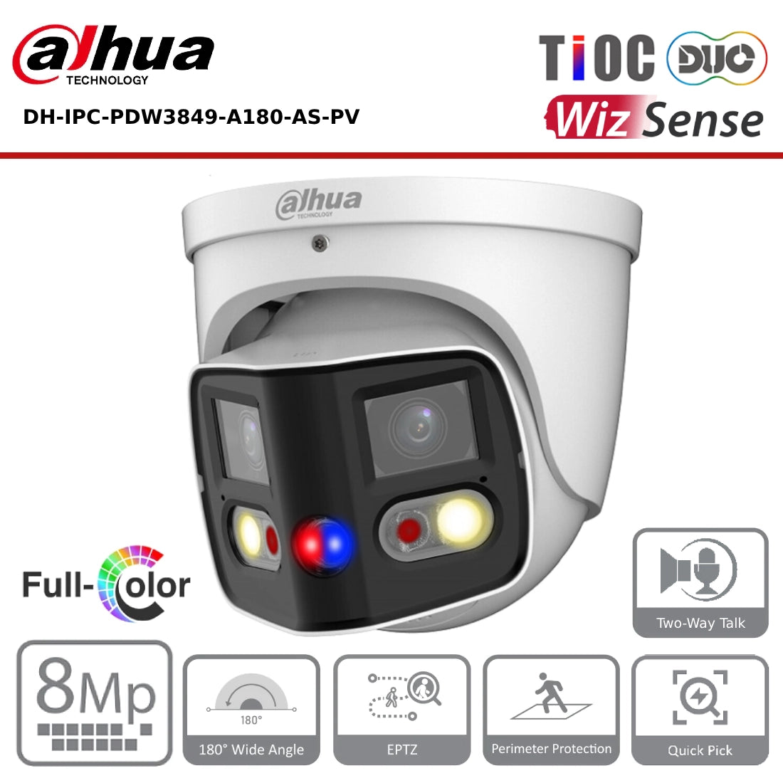 Dahua DH-IPC-PDW3849-A180-AS-PV WizSense 3 Series 2x4MP TiOC Duo Splicing IP Camera, 180°, EPTZ