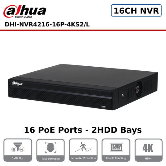 16 Channel Dahua DHI-NVR4216-16P-4KS2/L 16 Channel 1U 2HDDs 16PoE Network Video Recorder - CCTV Express UK