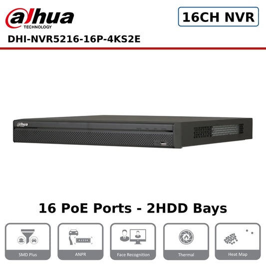 16 Channel Dahua DHI-NVR5216-16P-4KS2E 16 Channel 1U 2HDDs 16PoE 4K & H.265 Pro Network Video Recorder - CCTV Express UK