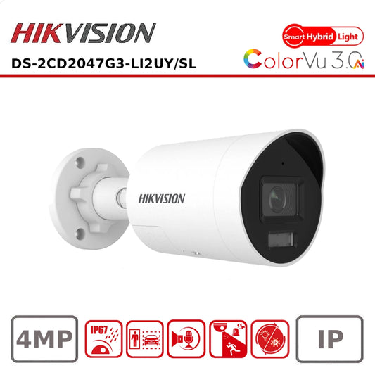Hikvision DS-2CD2047G3-LI2UY-SL 4MP HD AcuSense Smart Hybrid ColorVu Fixed Mini Bullet IP Camera with Two-Way Audio and Active Deterrence (Strobe & Sound)