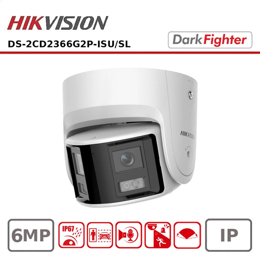 Hikvision DS-2CD2366G2P-ISU/SL 6MP Dual-Lens Panoramic Turret Camera – DarkFighter, 180° View, Built-in Mic, Strobe Light & Siren, IP67