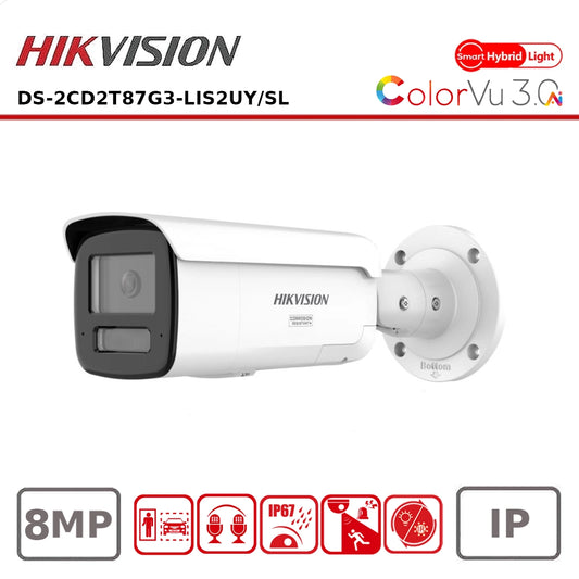 Hikvision 8MP DS-2CD2T87G3-LIS2UY-SL Smart Hybrid Light IR + ColorVu Bullet IP Camera with LiveGuard Built-in Siren & Strobe light + 2 Way Audio
