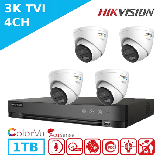 Mid-Range Hikvision 3K AcuSense ColorVu Kit – 4 x DS-2CE72KF3T-LSYE Cameras + iDS-7204HUHI-M1/PXT DVR + 1TB HD