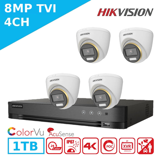 Hikvision 8MP AcuSense ColorVu Kit – 4 x DS-2CE72UF3T-E Cameras + iDS-7204HTHI-M1/P DVR + 1TB HD