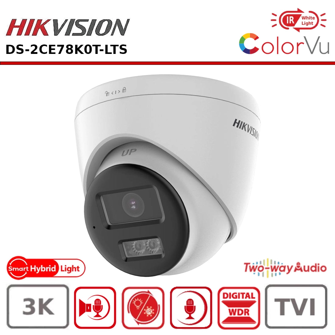 Hikvision DS-2CE78K0T-LTS – 3K Smart Hybrid Light Fixed Turret with Two-Way Audio