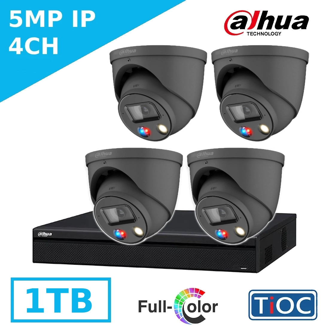 5MP 4 Channel IP TiOC Kit - 4 x IPC-HDW3549H-AS-PV TiOC IP Turret Cameras Grey + 8CH 4K NVR + 8 Port PoE Switch + 1TB HDD