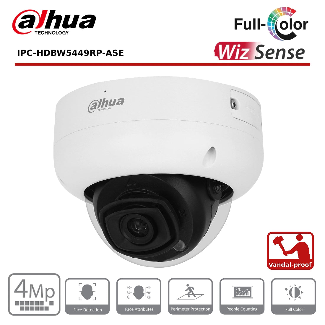 4MP Dahua IPC-HDBW5449RP-ASE - WizMind AI Series Full-Colour IP Anti-Vandal Dome - White - CCTV Express UK