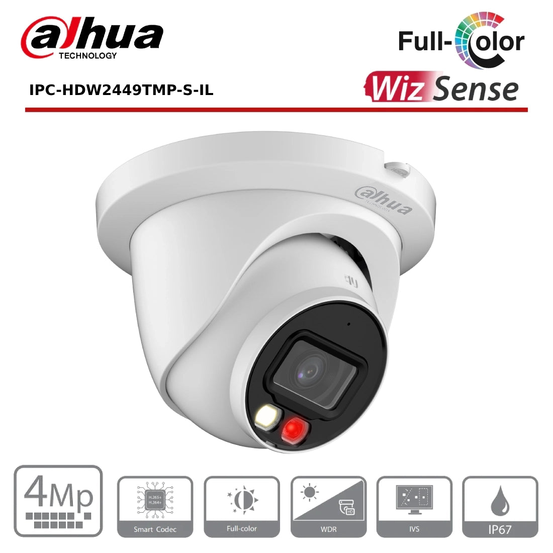 4MP Dahua IPC-HDW2449TMP-S-IL - WizSense AI Series Dual Illuminator (IR + Full-Colour) IP Turret Camera - CCTV Express UK