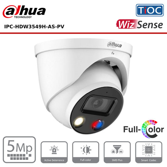 5MP Dahua IPC-HDW3549H-AS-PV WizSense, TiOC IP67 2.8mm Fixed Lens, 30M Active Deterrence IP Turret Camera, White - Offer