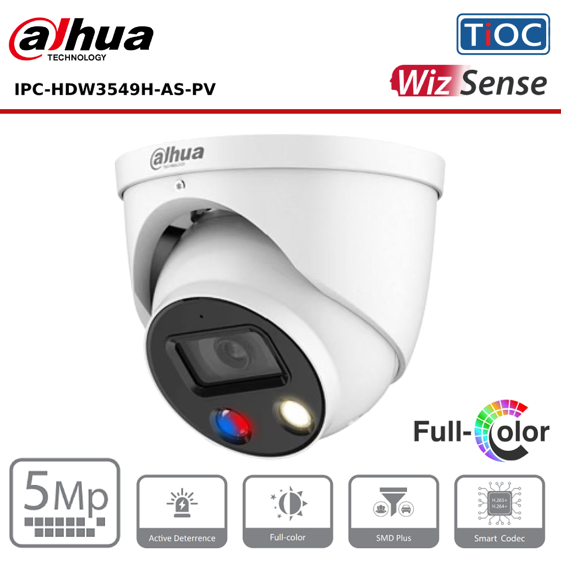 5MP Dahua IPC-HDW3549H-AS-PV WizSense, TiOC IP67 2.8mm Fixed Lens, 30M Active Deterrence IP Turret Camera, White - CCTV Express UK