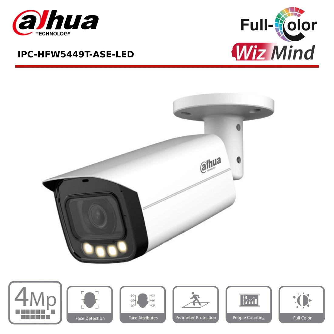 4MP Dahua IPC-HFW5449TP-ASE-LED - WizMind AI Series Full-Colour IP Bullet Camera - 3.6MM - White - CCTV Express UK
