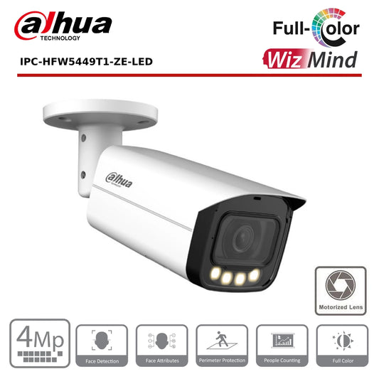 4MP Dahua IPC-HFW5449T1P-ZE-LED - WizMind AI Series Full-Colour IP Vari-Focal Bullet Camera - White - CCTV Express UK
