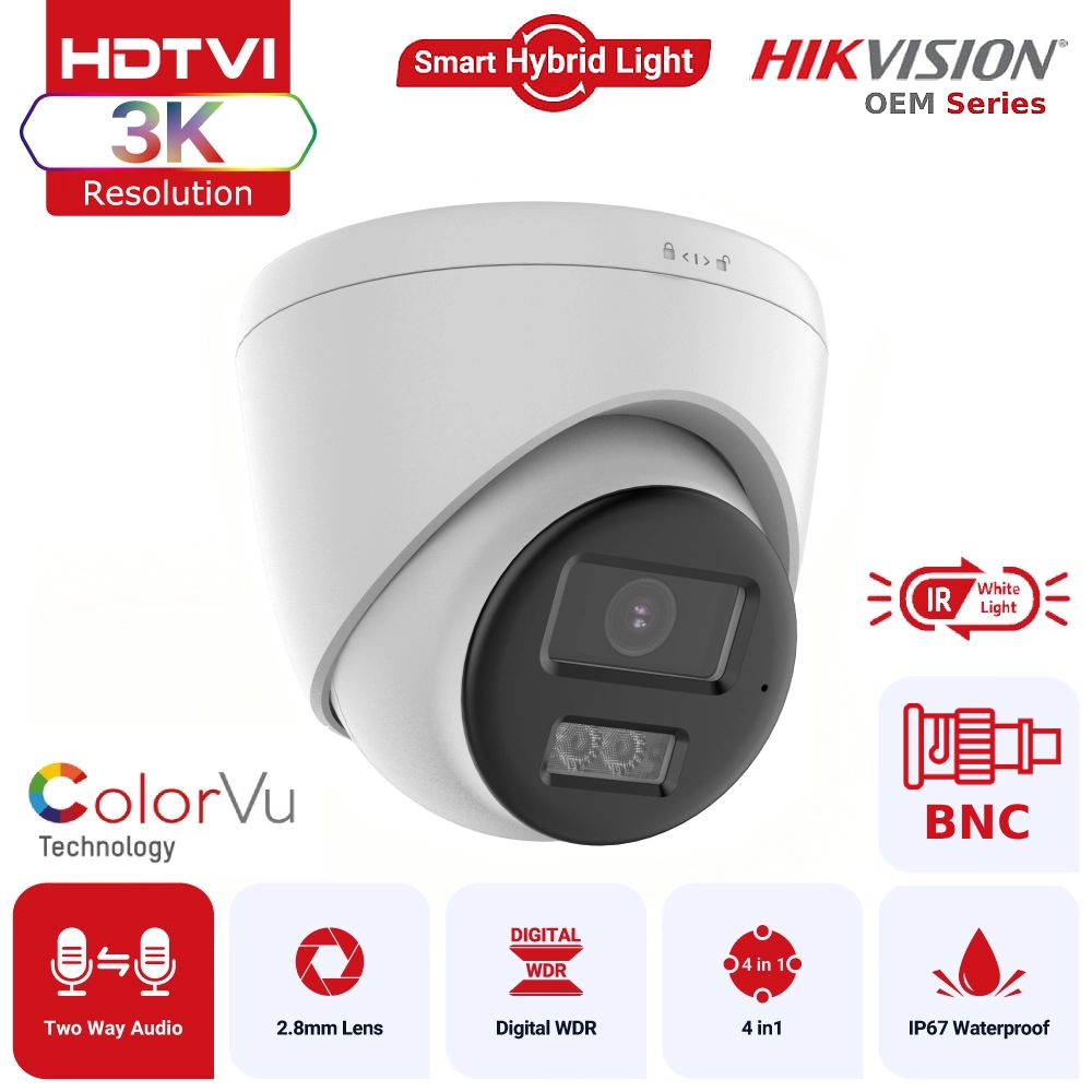 Hikvision OEM Series TVI T259W-HT 3K ColorVu Hybrid-Light TVI Turret Camera with Two-Way Audio - White