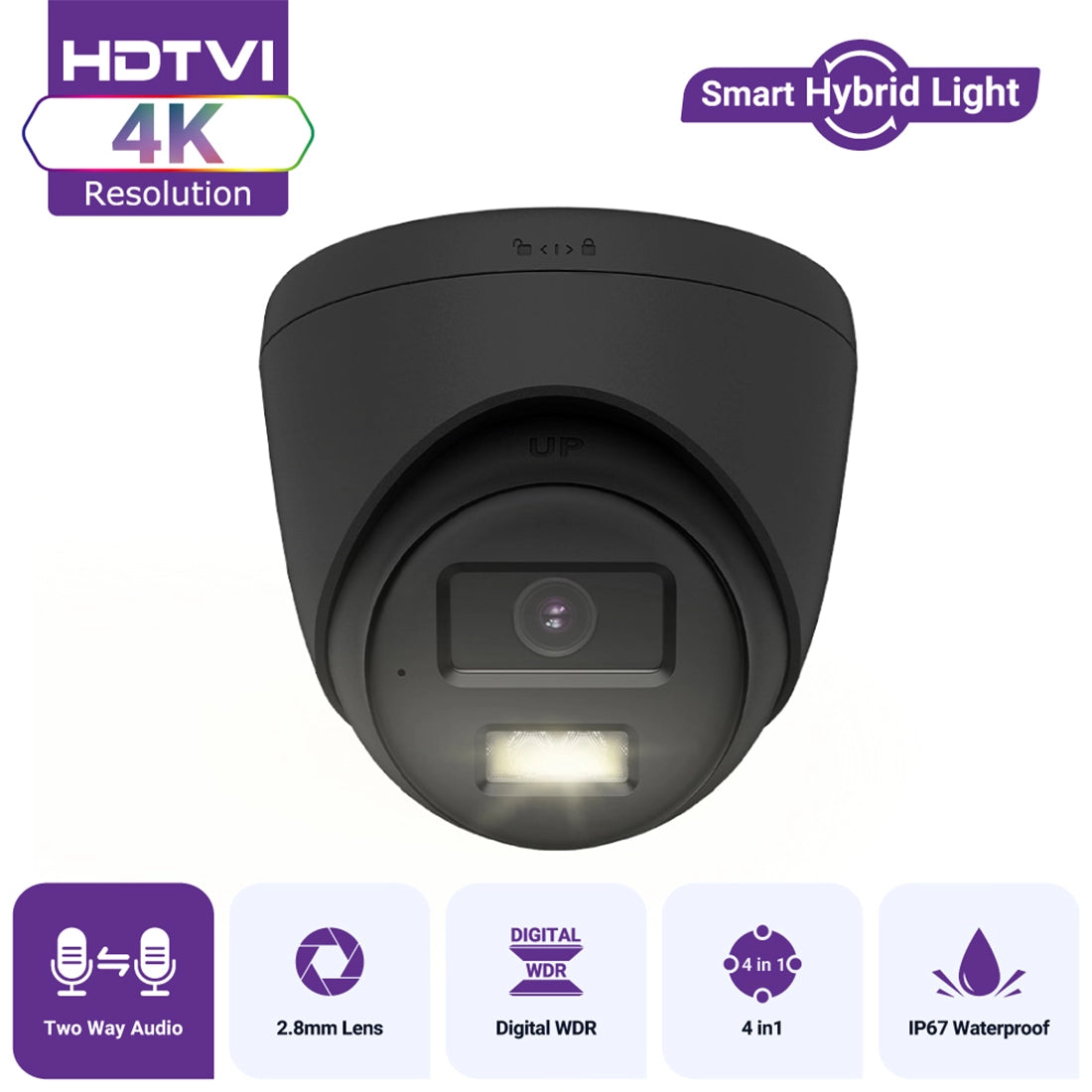 Hikvision OEM Series TVI T289B-HT 4K ColorVu Hybrid Light TVI Turret Camera with Two-Way Audio IP67 - Black