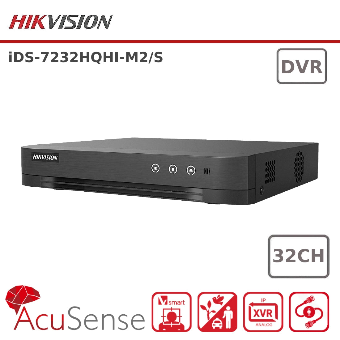 4MP Hikvision iDS-7232HQHI-M2/S 32 Channel 1080p 1U H.265 AcuSense DVR - 2 Bays - (NRP)