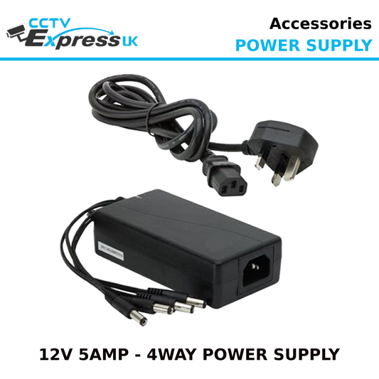 Power Supply 12V/5A 4 Way for CCTV Cameras -12vDC Power Supply 5amp 4 Way - CCTV Express UK