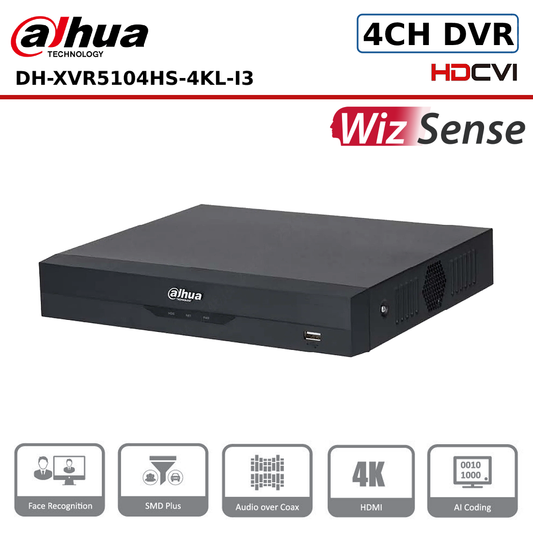 4 Channels Dahua DH-XVR5104HS-4KL-I3 4 Channels Penta-brid 4K-N/5MP Compact 1U 1HDD WizSense Digital Video Recorder - CCTV Express UK