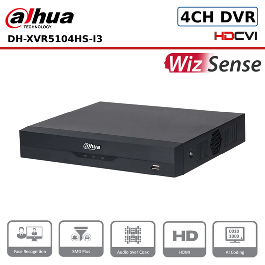 4 Channels Dahua DH-XVR5104HS-I3 4 Channels Penta-brid 5M-N/1080P Compact 1U 1HDD WizSense Digital Video Recorder - CCTV Express UK