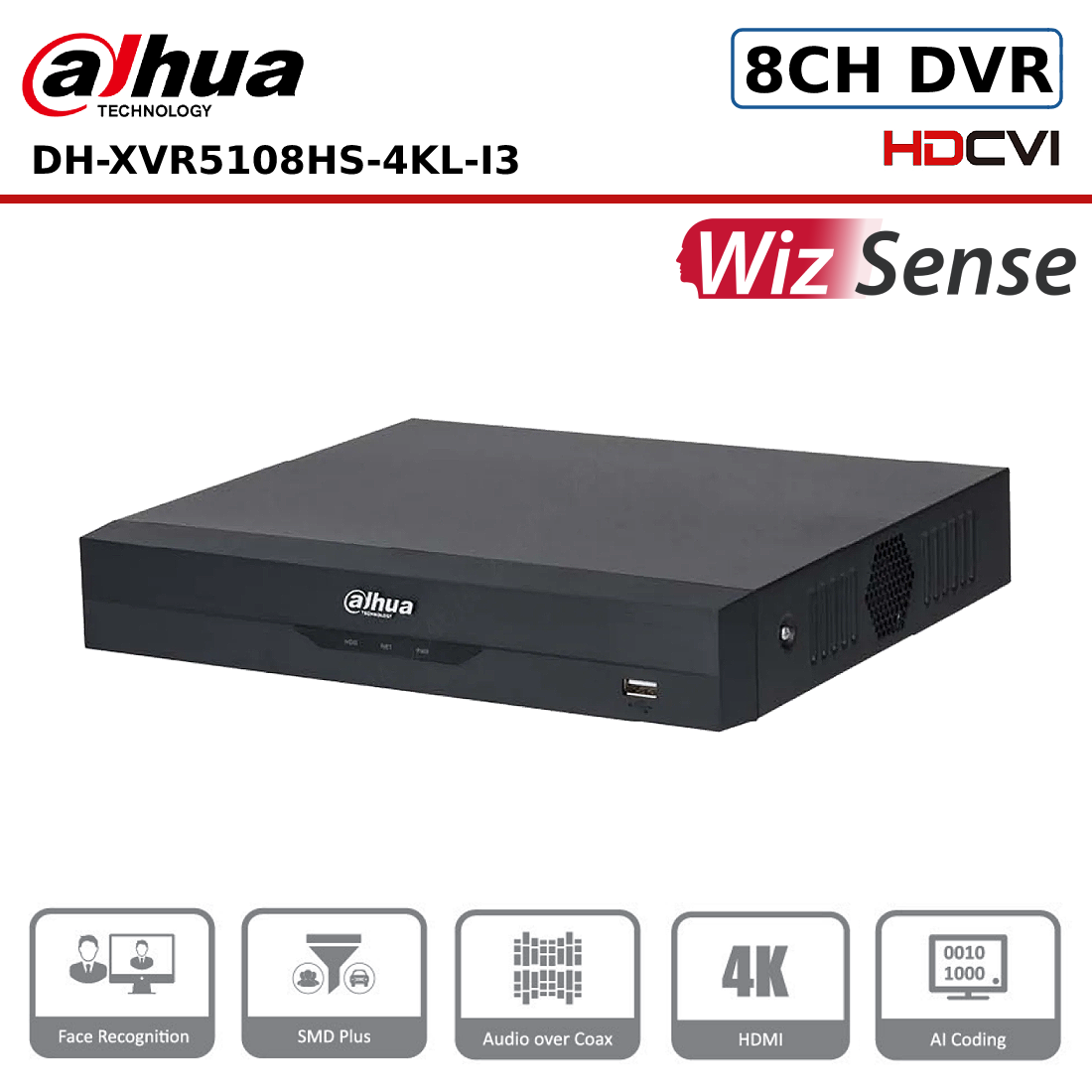8 Channel Dahua DH-XVR5108HS-4KL-I3 8 Channel Penta-brid 4K-N/5MP Compact  1U 1HDD WizSense Digital Video Recorder