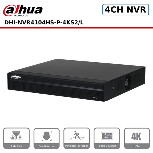 4 Channel Dahua DHI-NVR4104HS-P-4KS2/L 4 Channel Compact 1U 1HDD 4PoE Network Video Recorder - CCTV Express UK