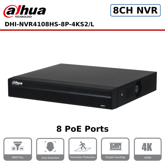 8 Channel Dahua DHI-NVR4108HS-8P-4KS2/L 8 Channel Compact 1HDD 1U 8PoE Network Video Recorder - CCTV Express UK