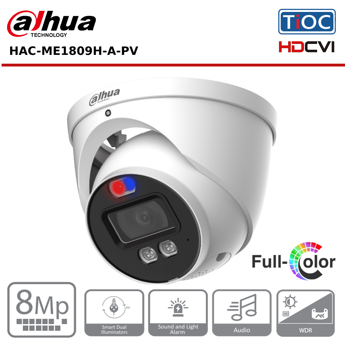 8MP Dahua DH-HAC-ME1809HP-A-PV 8MP HDCVI TiOC Active Deterrence HDoC Fixed Lens Eyeball Turret Camera 2.8MM White - CCTV Express UK