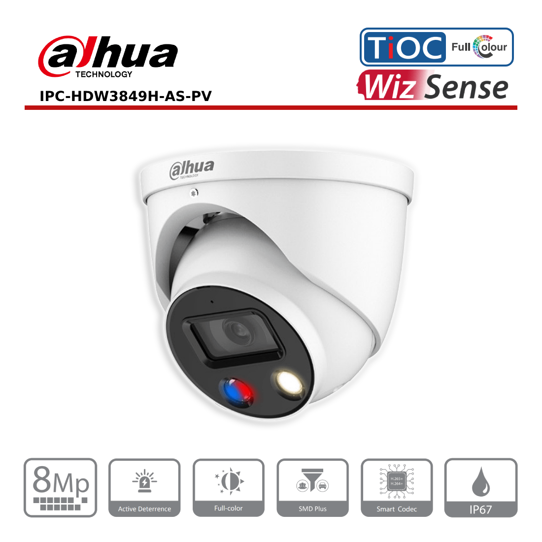 8MP Dahua IPC-HDW3849H-AS-PV WizSense, TiOC IP67 8MP 2.8mm Fixed Lens, 30M IP Dome Camera - CCTV Express UK