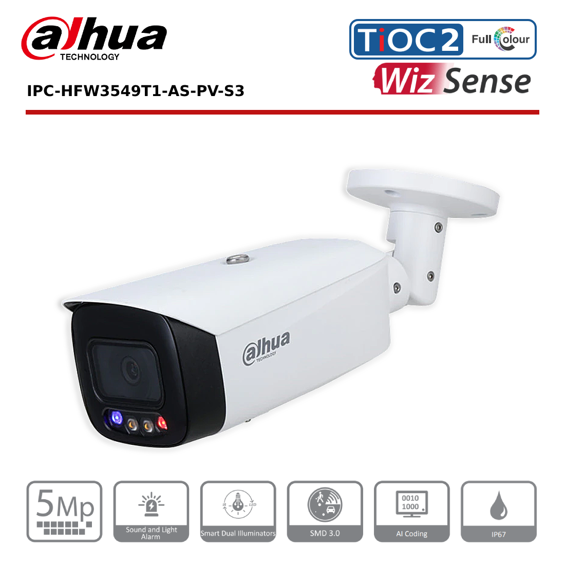5MP Dahua DH-IPC-HFW3549T1-AS-PV-S3 5MP TiOC 2.0 Fixed-focal Bullet Network Camera - CCTV Express UK