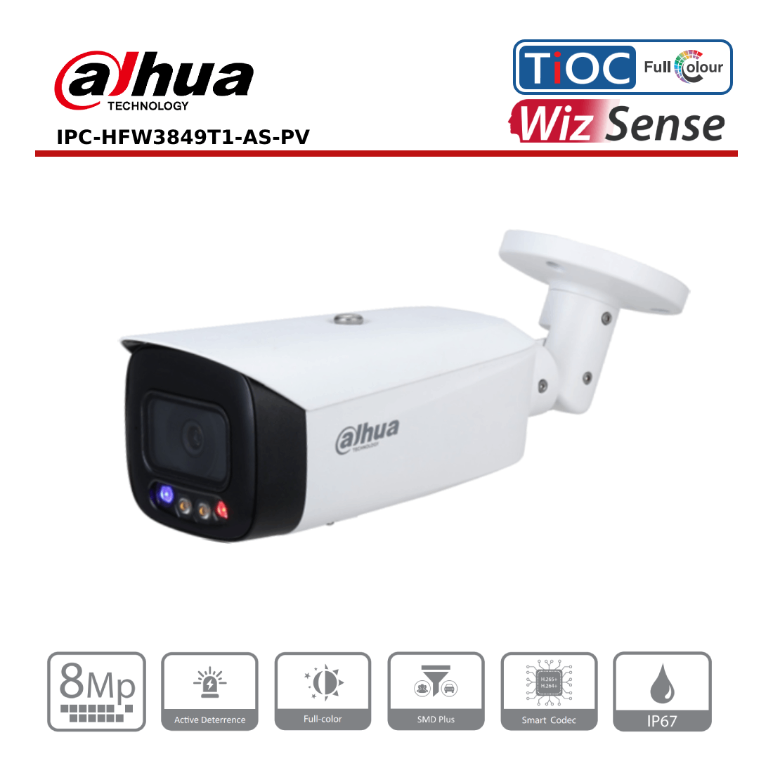 8MP Dahua IPC-HFW3849T1-AS-PV WizSense, TiOC IP67 8MP 2.8mm Fixed Lens, 30M Active Deterrence IP Bullet Camera, White - CCTV Express UK