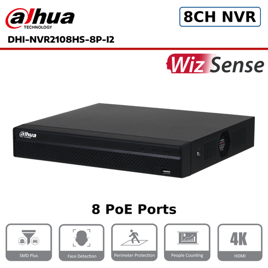 Dahua NVR2108HS-8P-I2 8 Channel Compact 1U 8PoE 1HDD WizSense Network Video Recorder - CCTV Express UK