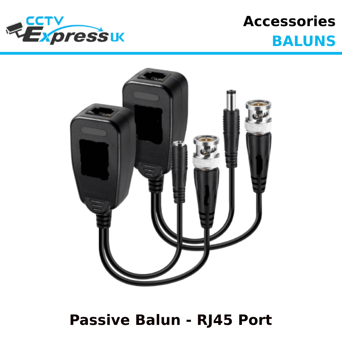 HD-CVI/TVI/AHD Passive Video Balun with Power Connector and RJ45 CAT5 Data Transmitter - 1 Pair - CCTV Express UK