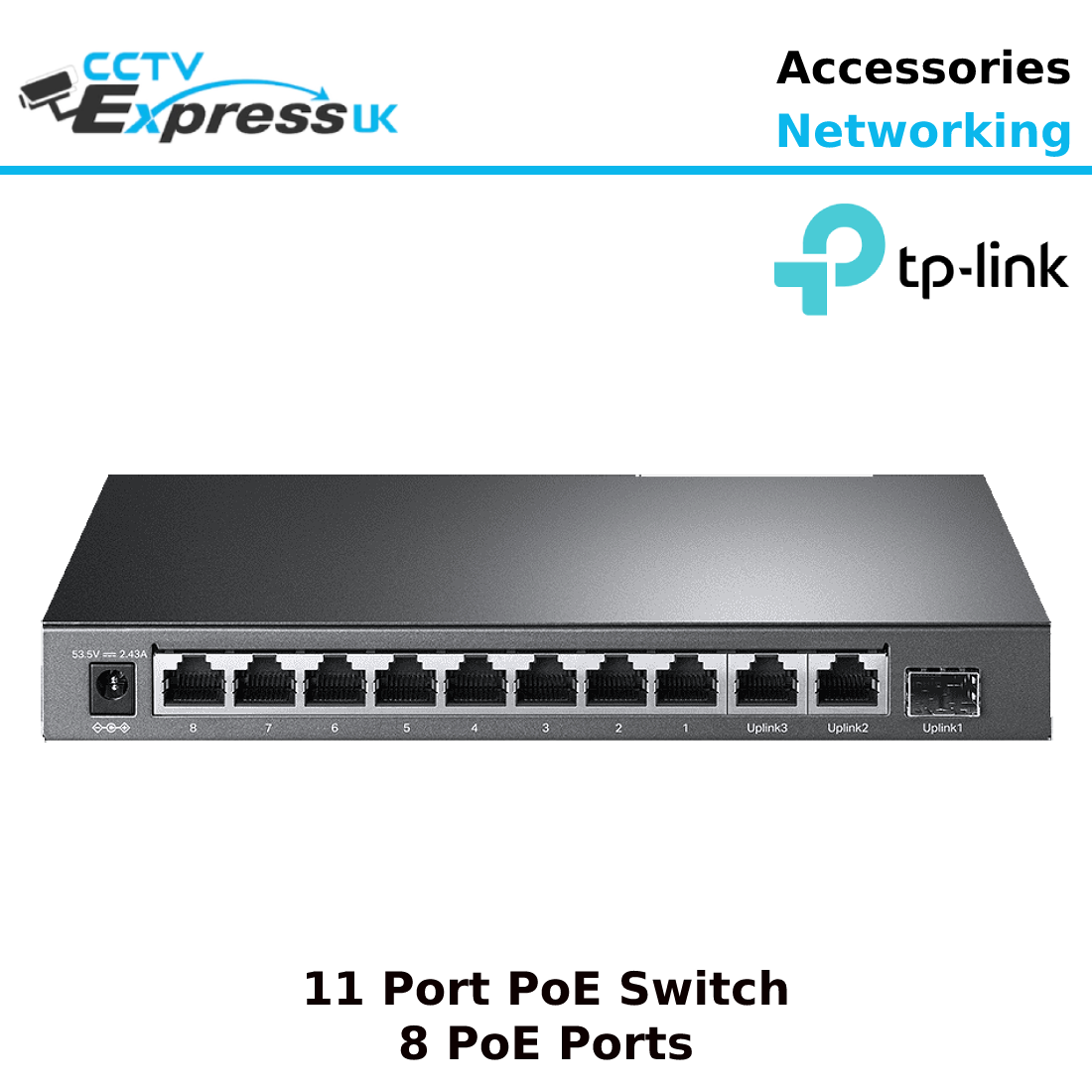 TP-LINK 8-Port 10/100Mbps + 3-Port Gigabit Desktop Switch with 8 PoE+ Ports - TL-SL1311MP - CCTV Express UK