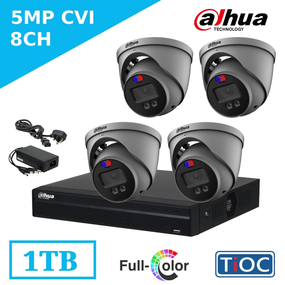 5MP CVI TiOC CCTV Kit with 8 Channel DVR- 4 x ME1509HP-A-PV TiOC Cameras with Mic + 8CH XVR + 1TB HDD + PSU