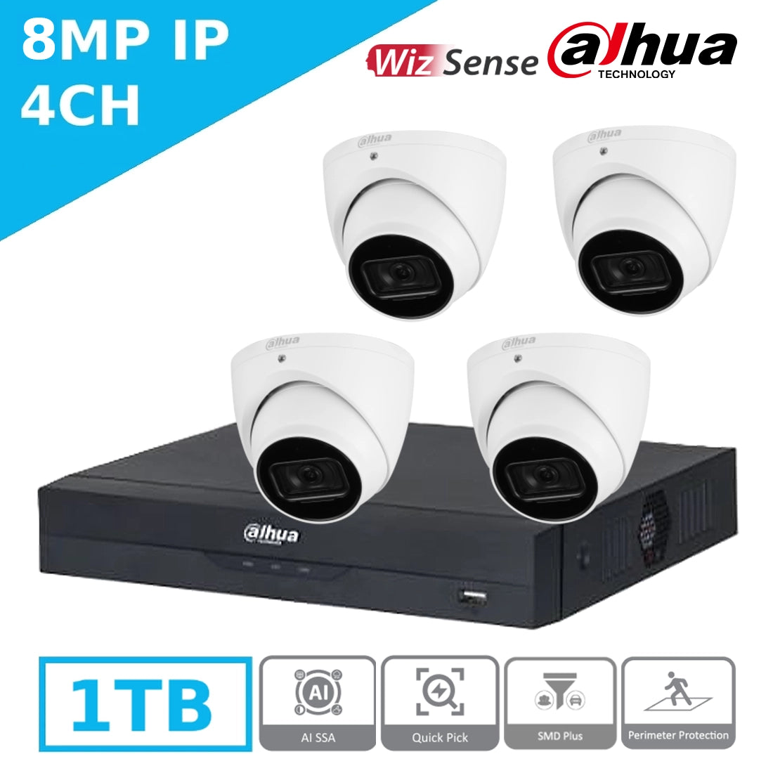 Mid-Range 8MP Dahua IP CCTV Kit – 4 x IPC-HDW3841EM-S2 Cameras + 4CH NVR4104HS-P-EI + 1TB HDD – IR & AI Surveillance