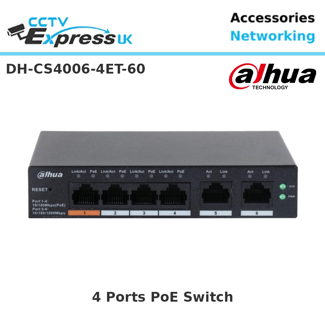 Dahua DH-CS4006-4ET-60 – 4 Port Cloud Managed PoE Switch 60W