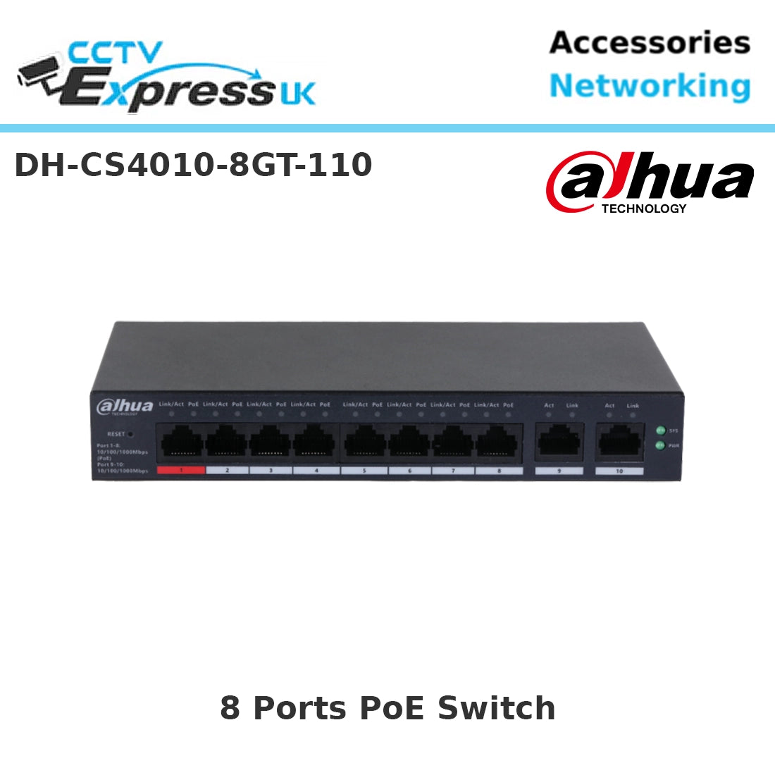 Dahua DH-CS4010-8GT-110 10-Port Cloud Managed Desktop Gigabit Switch with 8-Port PoE