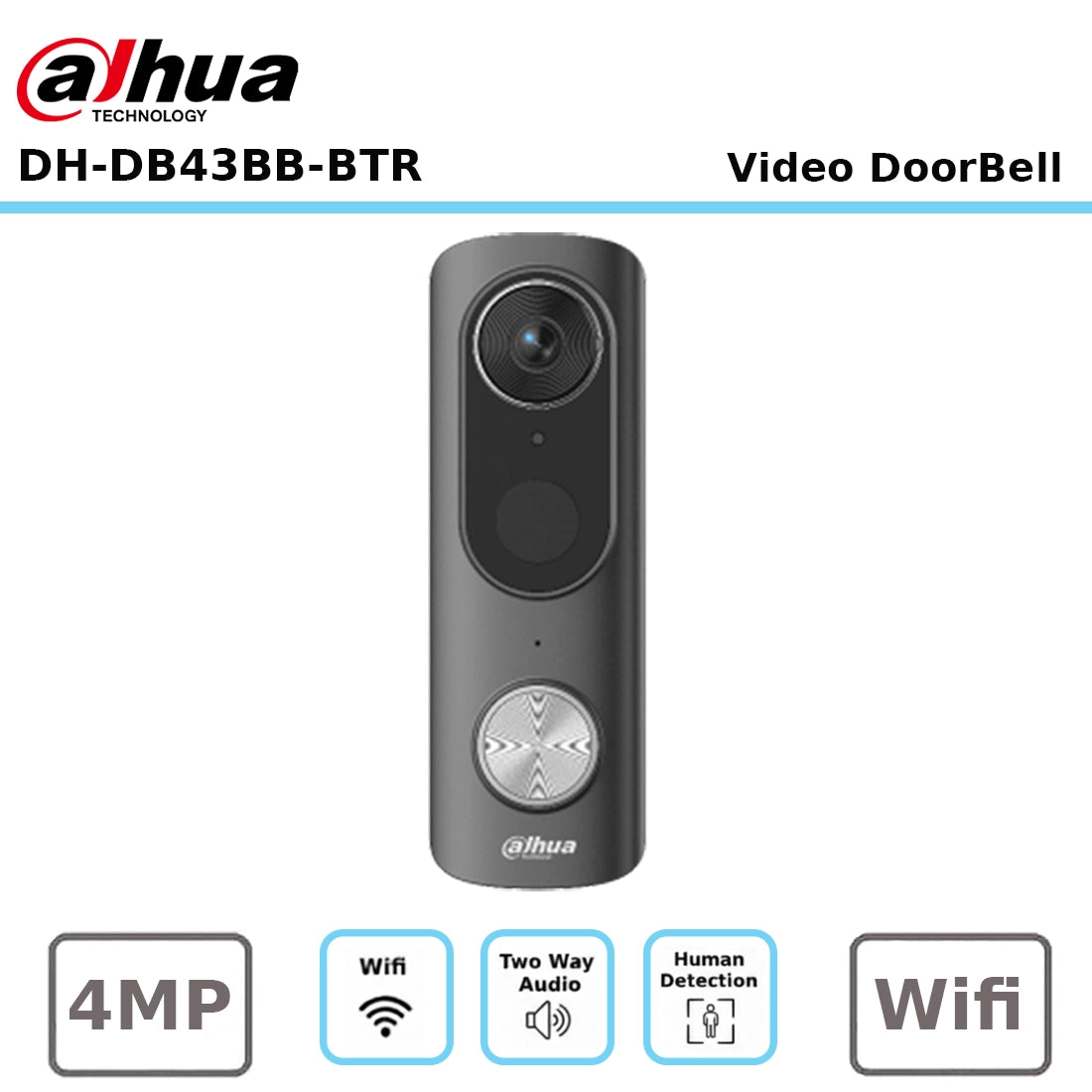 Dahua DH-DB43BB-BTR 4MP Wi-Fi Battery Video Doorbell, AI Detection, Wi-Fi 6, IP65