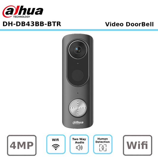 Dahua DH-DB43BB-BTR 4MP Wi-Fi Battery Video Doorbell, AI Detection, Wi-Fi 6, IP65