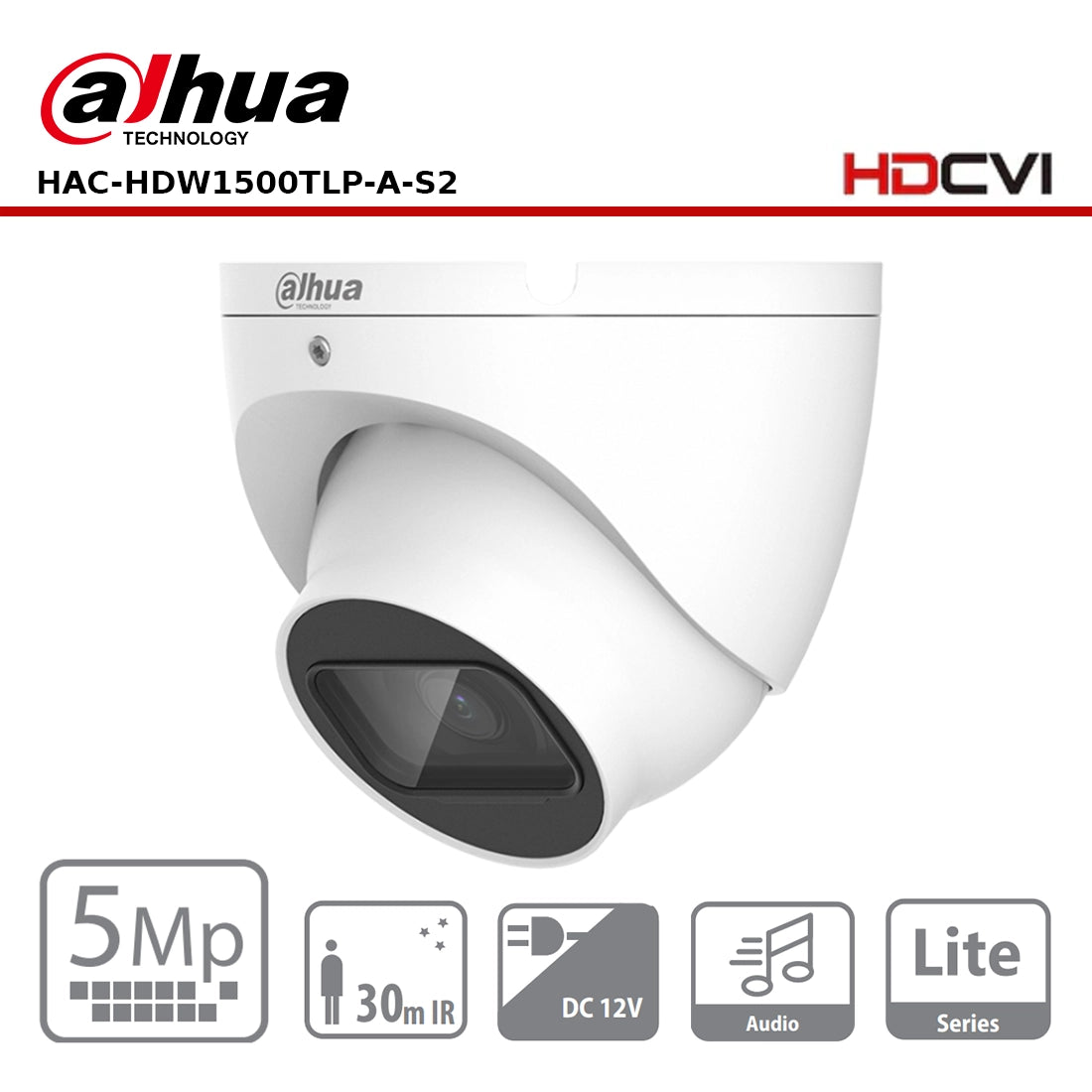 Dahua HAC-HDW1500TLP-A-S2 - 5MP HDCVI IR Eyeball Camera