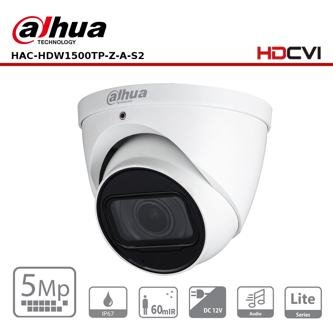 Dahua HAC-HDW1500TP-Z-A-S2 - 5MP HDCVI IR Vari-Focal Eyeball Camera