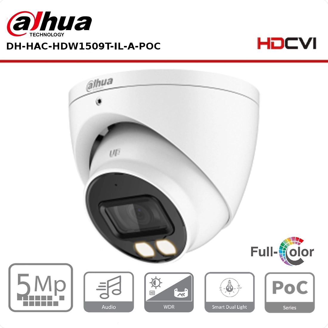 Dahua 5MP DH-HAC-HDW1509TP-IL-A-POC Smart Dual Light IR + LED Full-Colour Turret CVI PoC Camera with Mic - Power Over Coax