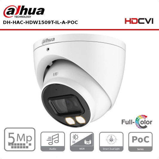 Dahua 5MP DH-HAC-HDW1509TP-IL-A-POC Smart Dual Light IR + LED Full-Colour Turret CVI PoC Camera with Mic - Power Over Coax