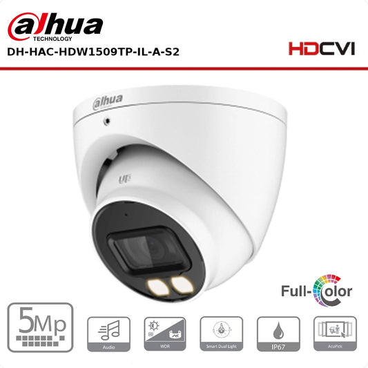 Dahua 5MP DH-HAC-HDW1509TP-IL-A-S2 Smart Dual Light IR + LED Full-Colour Turret CVI Camera HDCVI Eyeball Camera with Mic