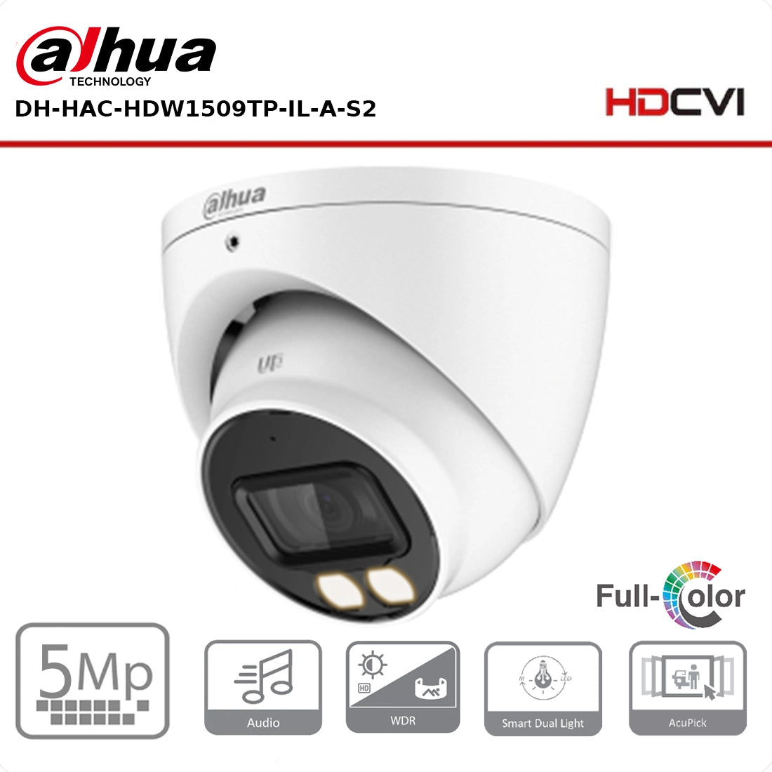 Dahua 5MP DH-HAC-HDW1509TP-IL-A-S2 Smart Dual Light IR + LED Full-Colour Turret CVI Camera HDCVI Eyeball Camera with Mic