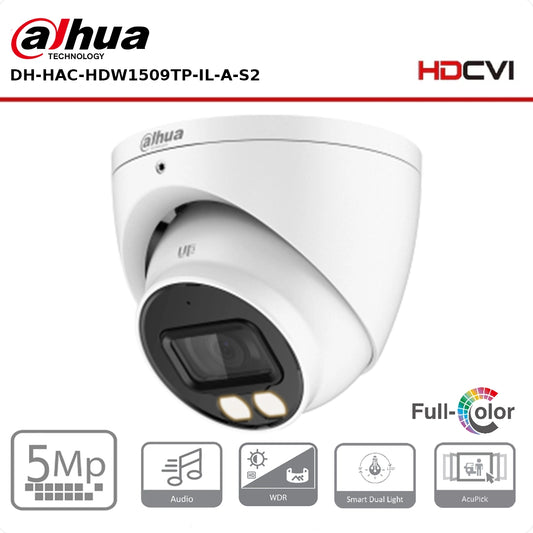 Dahua 5MP DH-HAC-HDW1509TP-IL-A-S2 Smart Dual Light IR + LED Full-Colour Turret CVI Camera HDCVI Eyeball Camera with Mic